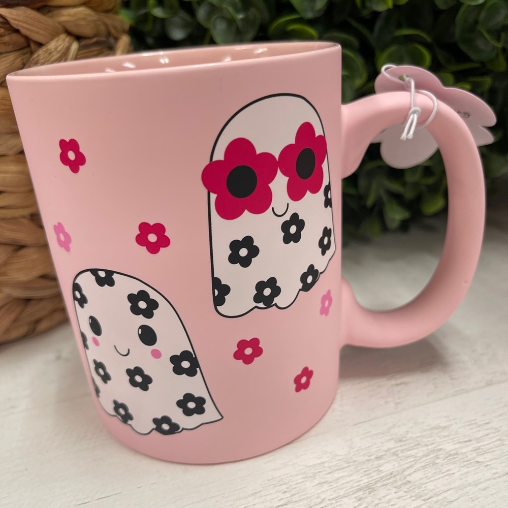Halloween Pink Ghosts & Flower Pattern Soft Touch Ceramic Coffee mug NWT